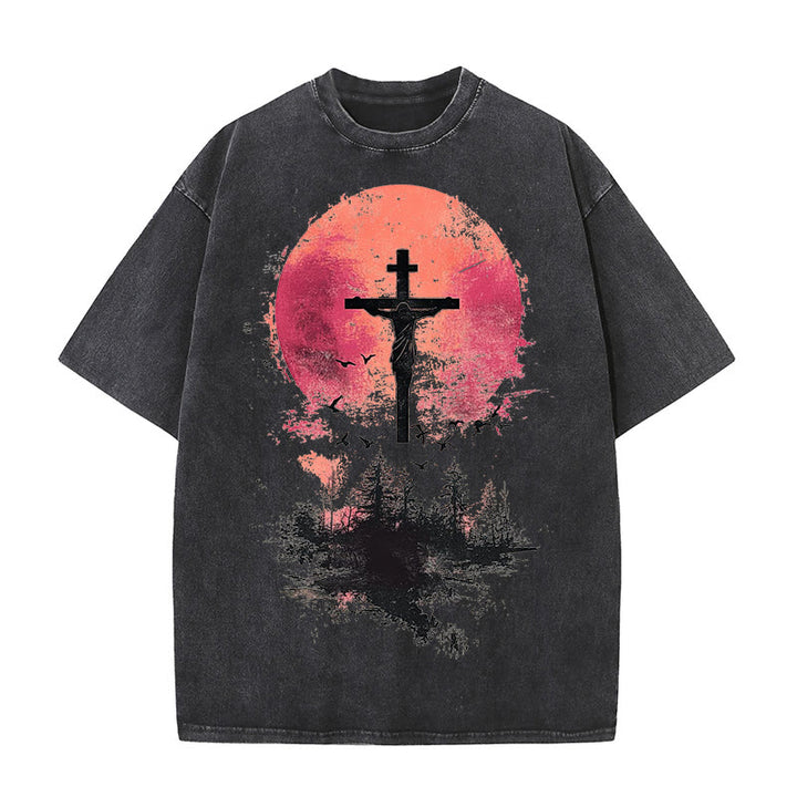 Christianartworkshop Divine Crucifix Over Nature Landscape Unisex Washed T-shirt