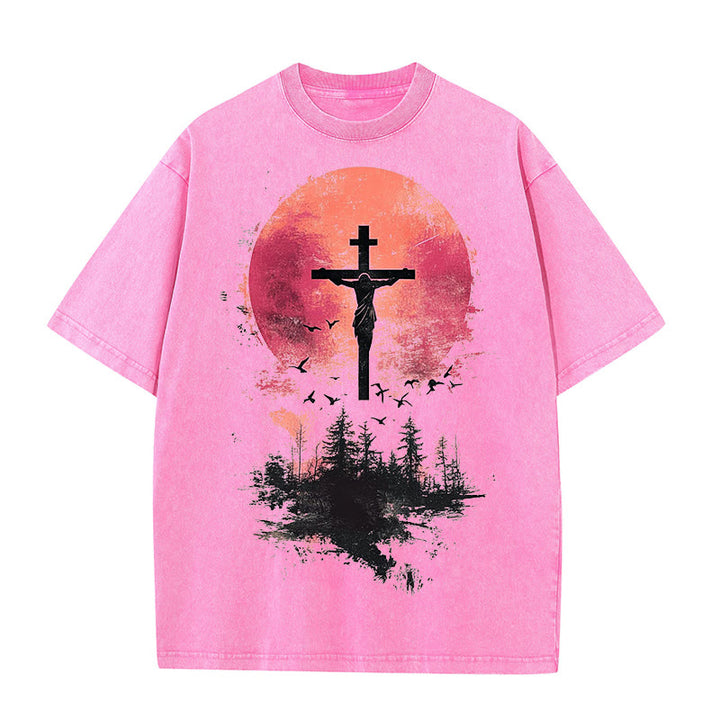 Christianartworkshop Divine Crucifix Over Nature Landscape Unisex Washed T-shirt