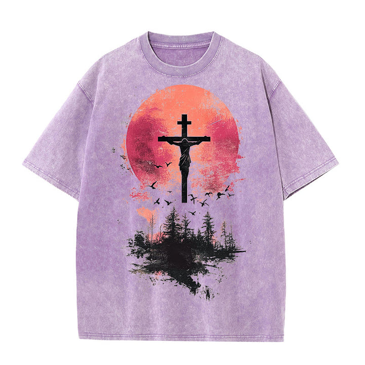 Christianartworkshop Divine Crucifix Over Nature Landscape Unisex Washed T-shirt