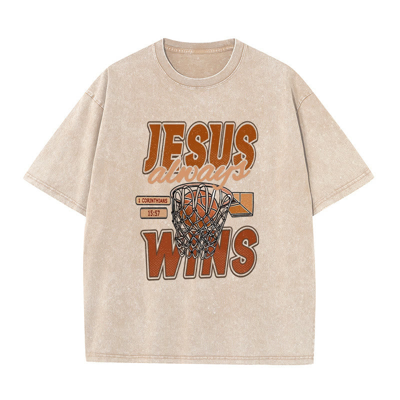 Christianartworkshop Jesus Always Wins Basketball Graphic Unisex Washed T-shirt - Apricot - 5XL - image 0