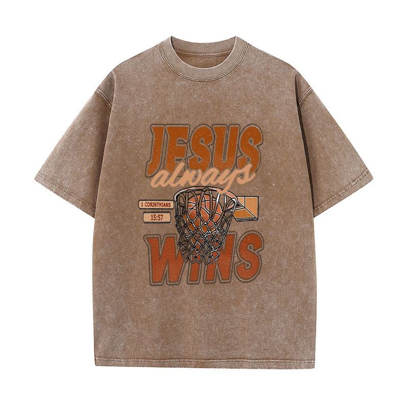 Christianartworkshop Jesus Always Wins Basketball Graphic Unisex Washed T-shirt
