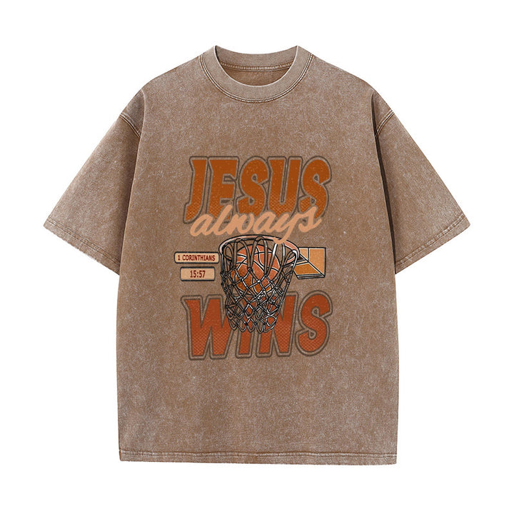 Christianartworkshop Jesus Always Wins Basketball Graphic Unisex Washed T-shirt