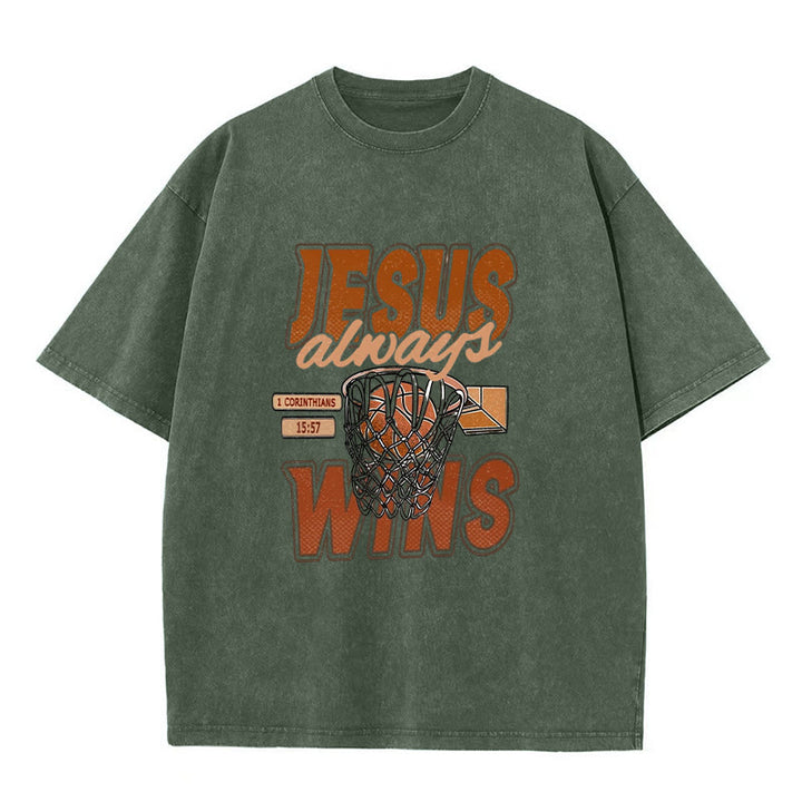 Christianartworkshop Jesus Always Wins Basketball Graphic Unisex Washed T-shirt