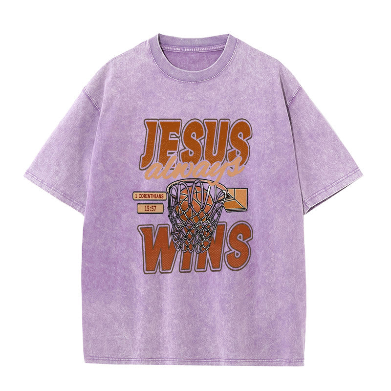 Christianartworkshop Jesus Always Wins Basketball Graphic Unisex Washed T-shirt