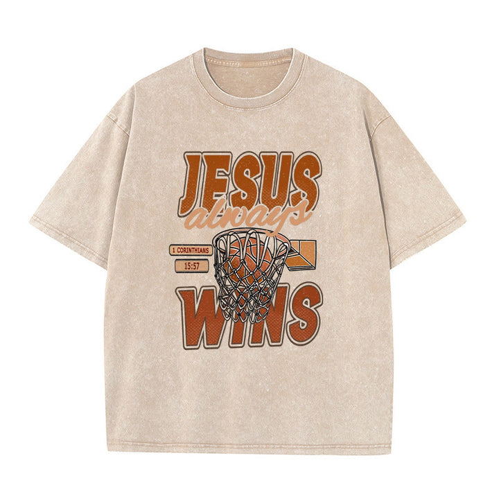 Christianartworkshop Jesus Always Wins Basketball Graphic Unisex Washed T-shirt