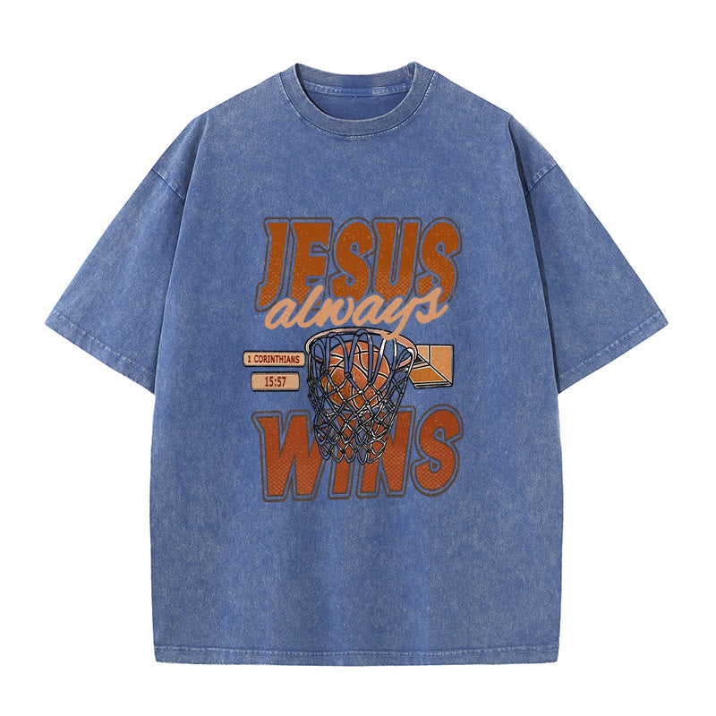 Christianartworkshop Jesus Always Wins Basketball Graphic Unisex Washed T-shirt