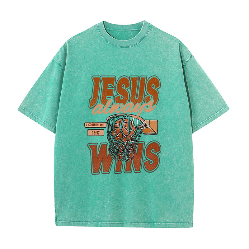 Christianartworkshop Jesus Always Wins Basketball Graphic Unisex Washed T-shirt