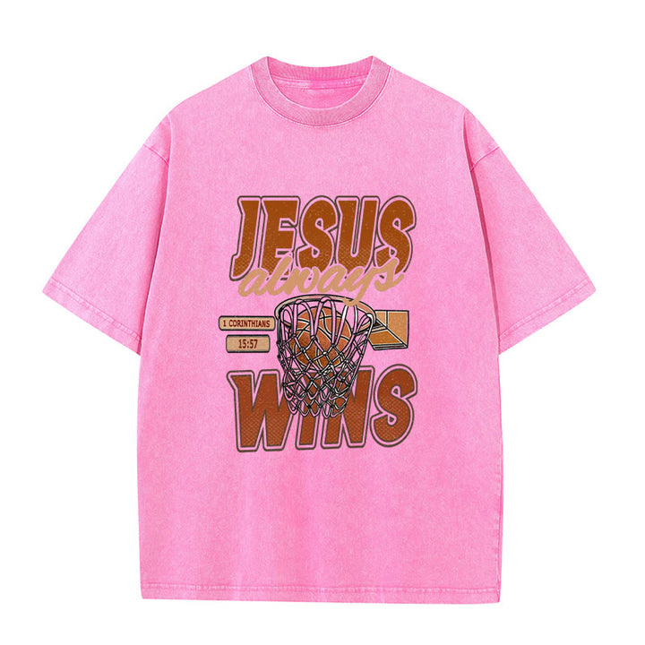 Christianartworkshop Jesus Always Wins Basketball Graphic Unisex Washed T-shirt
