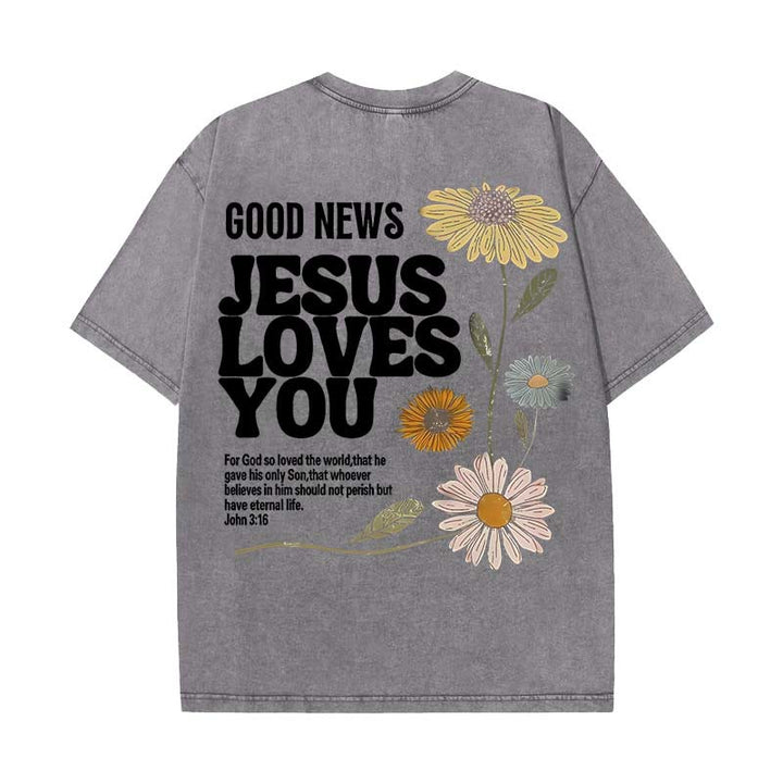 Christianartworkshop Good News Jesus Loves You Unisex Washed T-shirt - Grey - 5XL - image 11