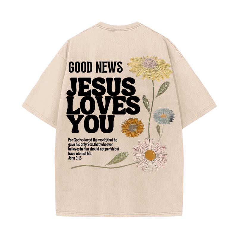 Christianartworkshop Good News Jesus Loves You Unisex Washed T-shirt - Apricot - 5XL - image 13