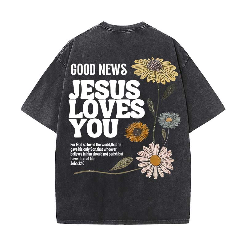 Christianartworkshop Good News Jesus Loves You Unisex Washed T-shirt - Black - 5XL - image 17