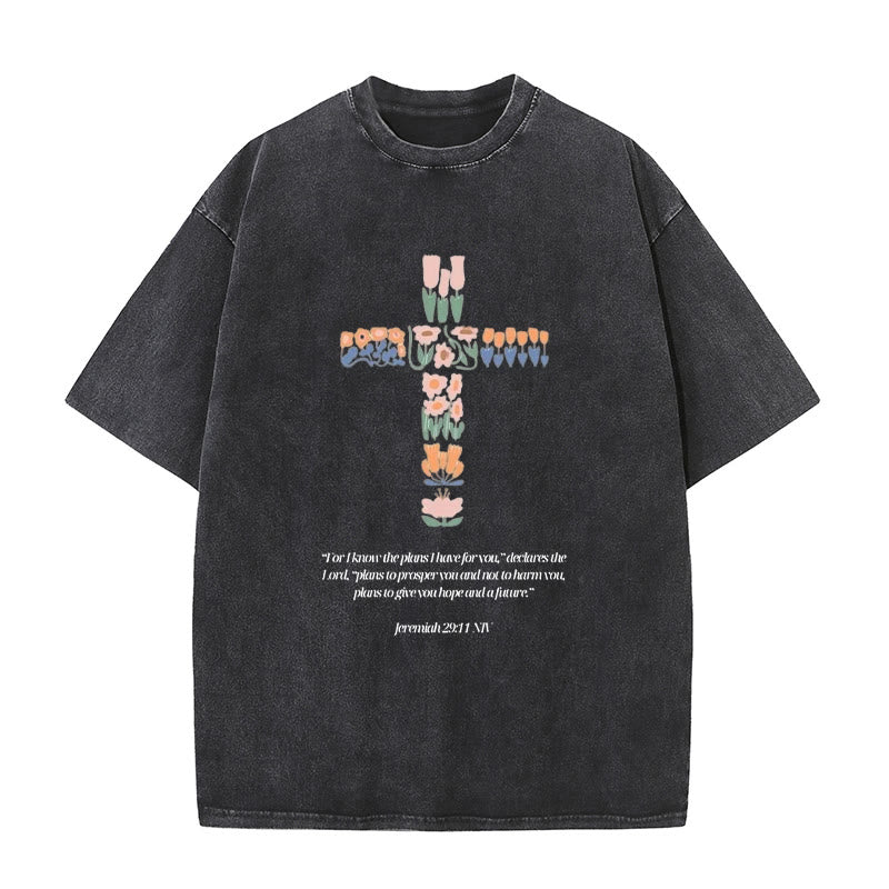 Christianartworkshop Floral Cross with Jeremiah Verse Unisex Washed T-shirt - Black - 5XL - image 0