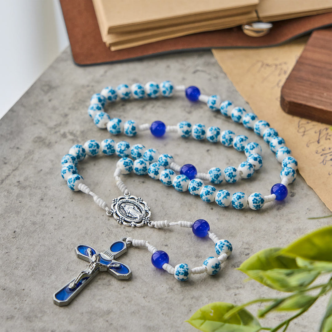 Christianartworkshop Blue Blossom Pattern Beads Rosary with Miraculous Medal & Crucifix