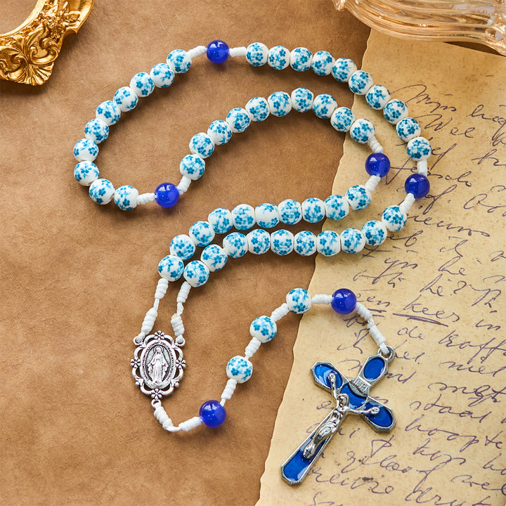 Christianartworkshop Blue Blossom Pattern Beads Rosary with Miraculous Medal & Crucifix