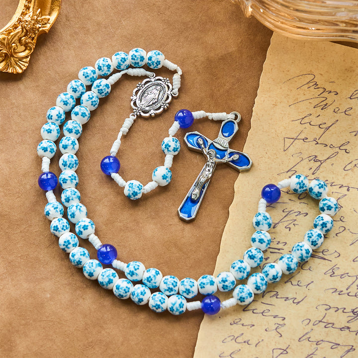 Christianartworkshop Blue Blossom Pattern Beads Rosary with Miraculous Medal & Crucifix