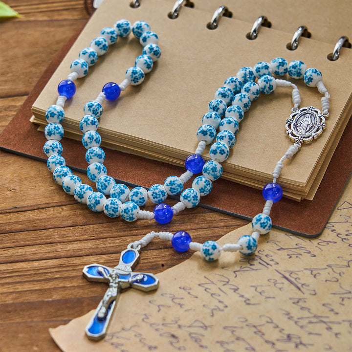 Christianartworkshop Blue Blossom Pattern Beads Rosary with Miraculous Medal & Crucifix