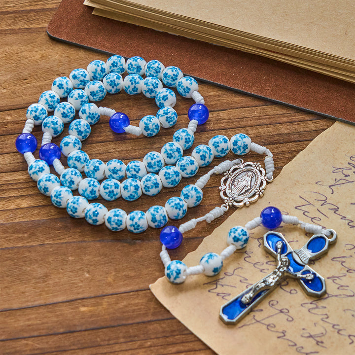 Christianartworkshop Blue Blossom Pattern Beads Rosary with Miraculous Medal & Crucifix