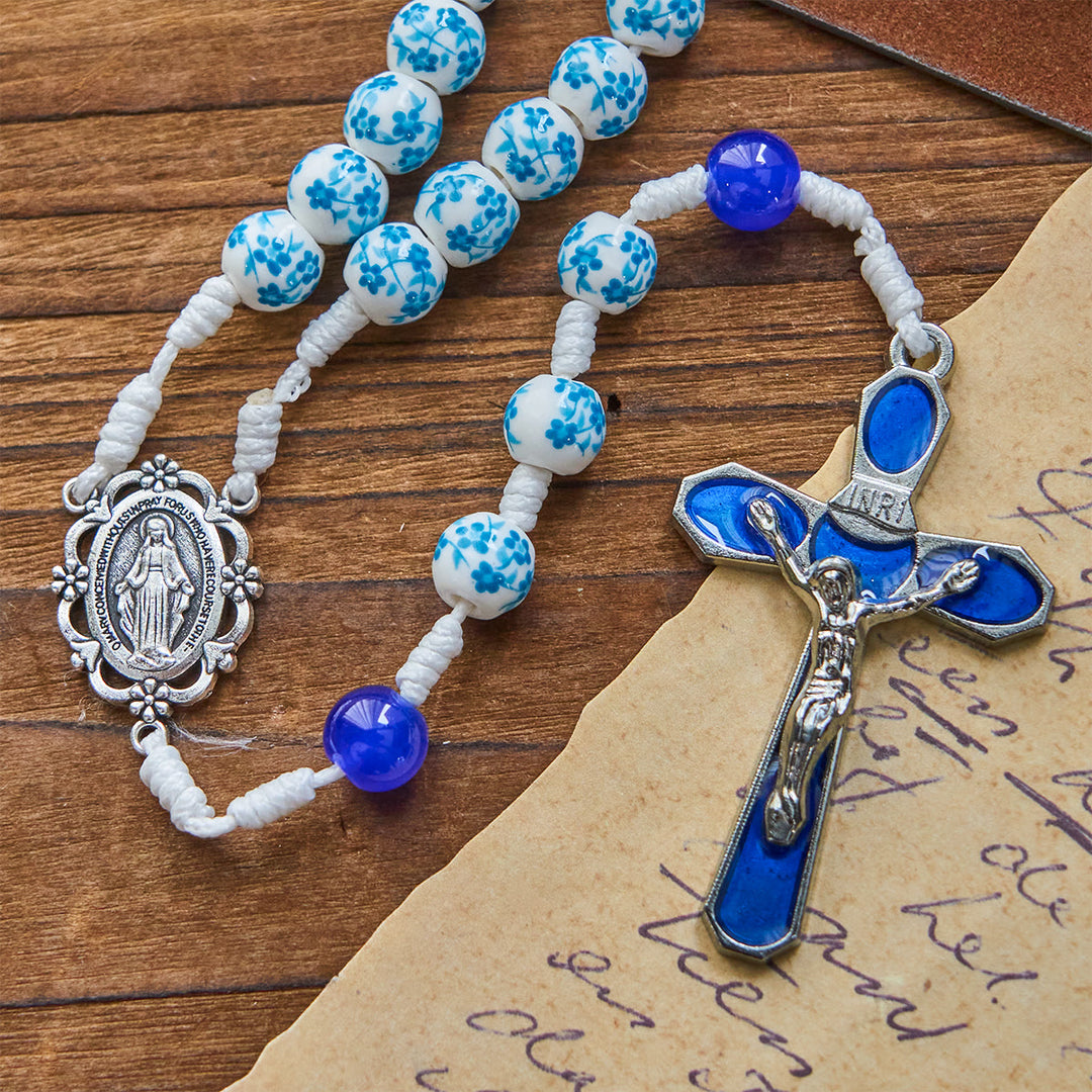 Christianartworkshop Blue Blossom Pattern Beads Rosary with Miraculous Medal & Crucifix