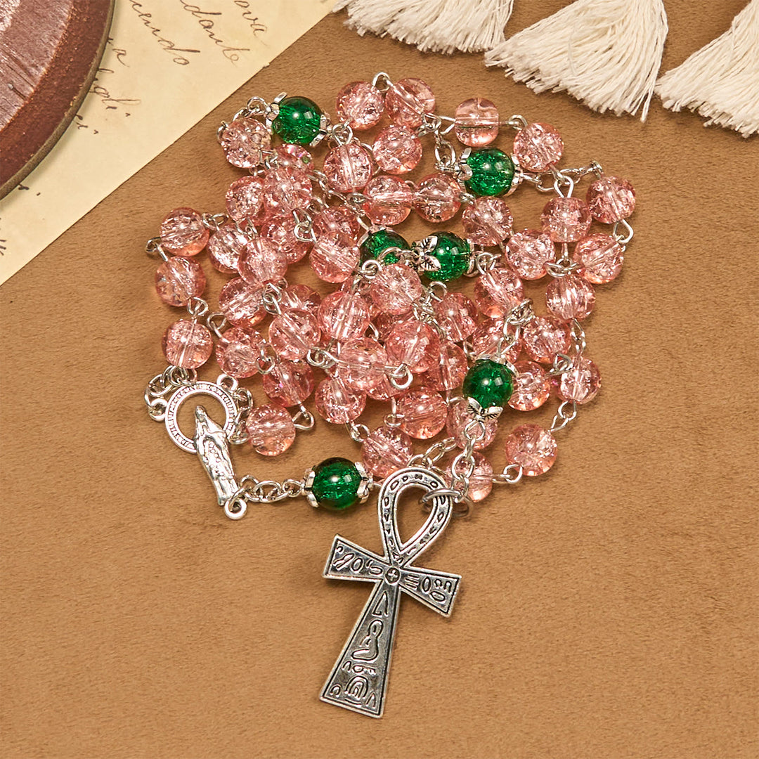 Christianartworkshop Inclusive Clear Sparkling Pink Glass Beads Alloy Chain Rosary with Our Lady & Ankh Cross