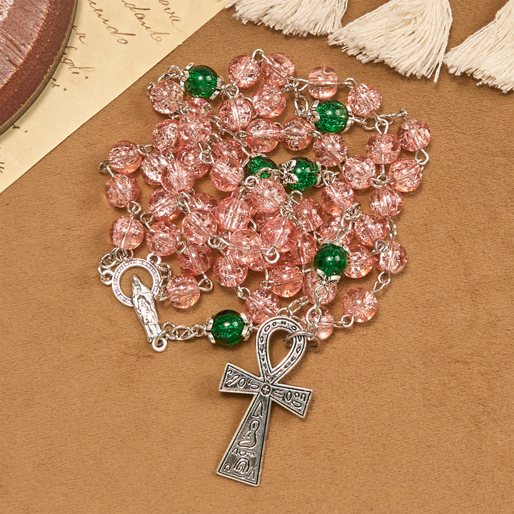 Christianartworkshop Inclusive Clear Sparkling Pink Glass Beads Alloy Chain Rosary with Our Lady & Ankh Cross