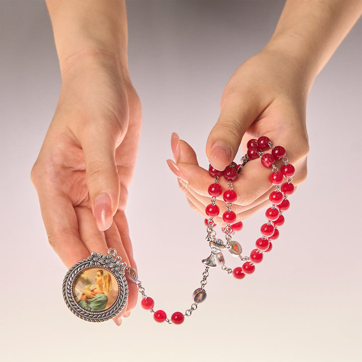 Christianartworkshop Elegant Burgundy 8mm Round Beads Rosary with Flower Carved Our Lady Medal & Holy Grail