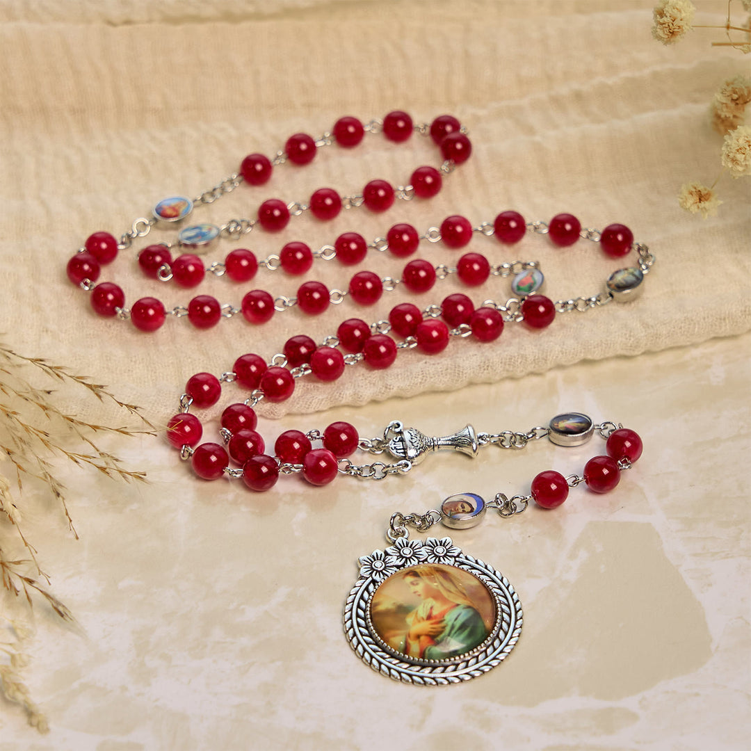 Christianartworkshop Elegant Burgundy 8mm Round Beads Rosary with Flower Carved Our Lady Medal & Holy Grail