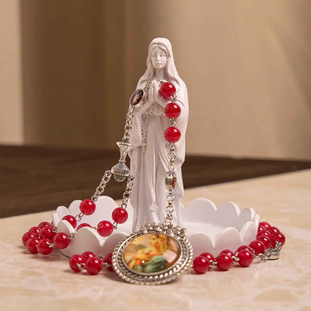 Christianartworkshop Elegant Burgundy 8mm Round Beads Rosary with Flower Carved Our Lady Medal & Holy Grail