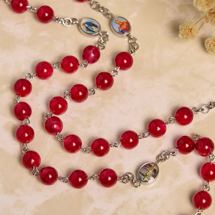Christianartworkshop Elegant Burgundy 8mm Round Beads Rosary with Flower Carved Our Lady Medal & Holy Grail