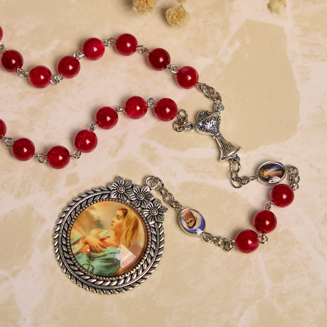 Christianartworkshop Elegant Burgundy 8mm Round Beads Rosary with Flower Carved Our Lady Medal & Holy Grail