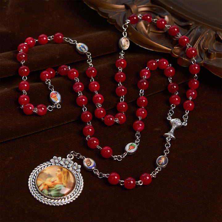 Christianartworkshop Elegant Burgundy 8mm Round Beads Rosary with Flower Carved Our Lady Medal & Holy Grail
