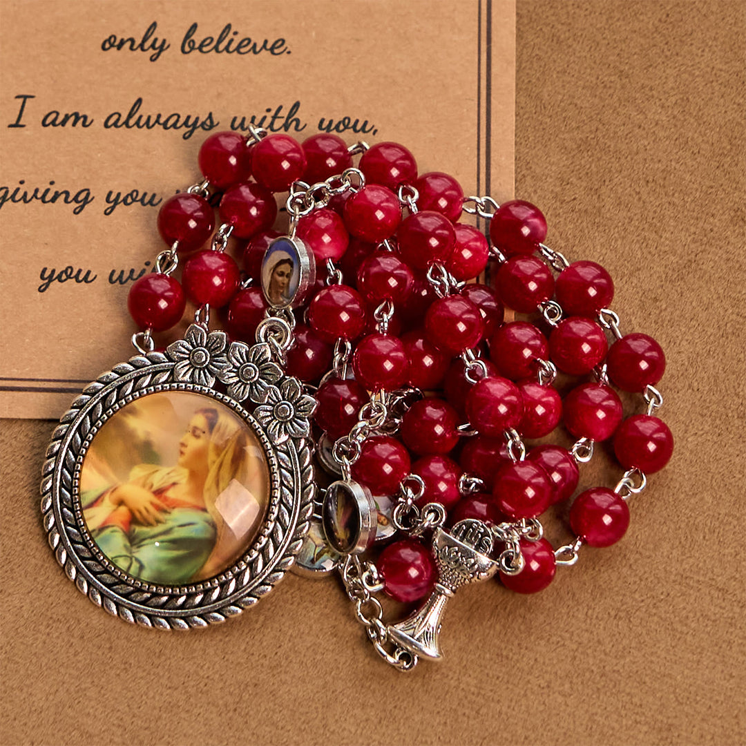 Christianartworkshop Elegant Burgundy 8mm Round Beads Rosary with Flower Carved Our Lady Medal & Holy Grail