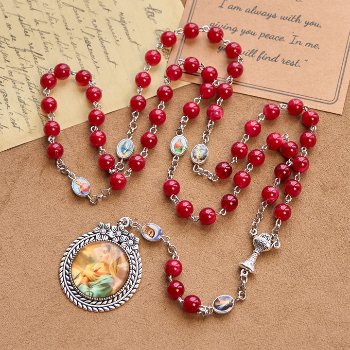 Christianartworkshop Elegant Burgundy 8mm Round Beads Rosary with Flower Carved Our Lady Medal & Holy Grail