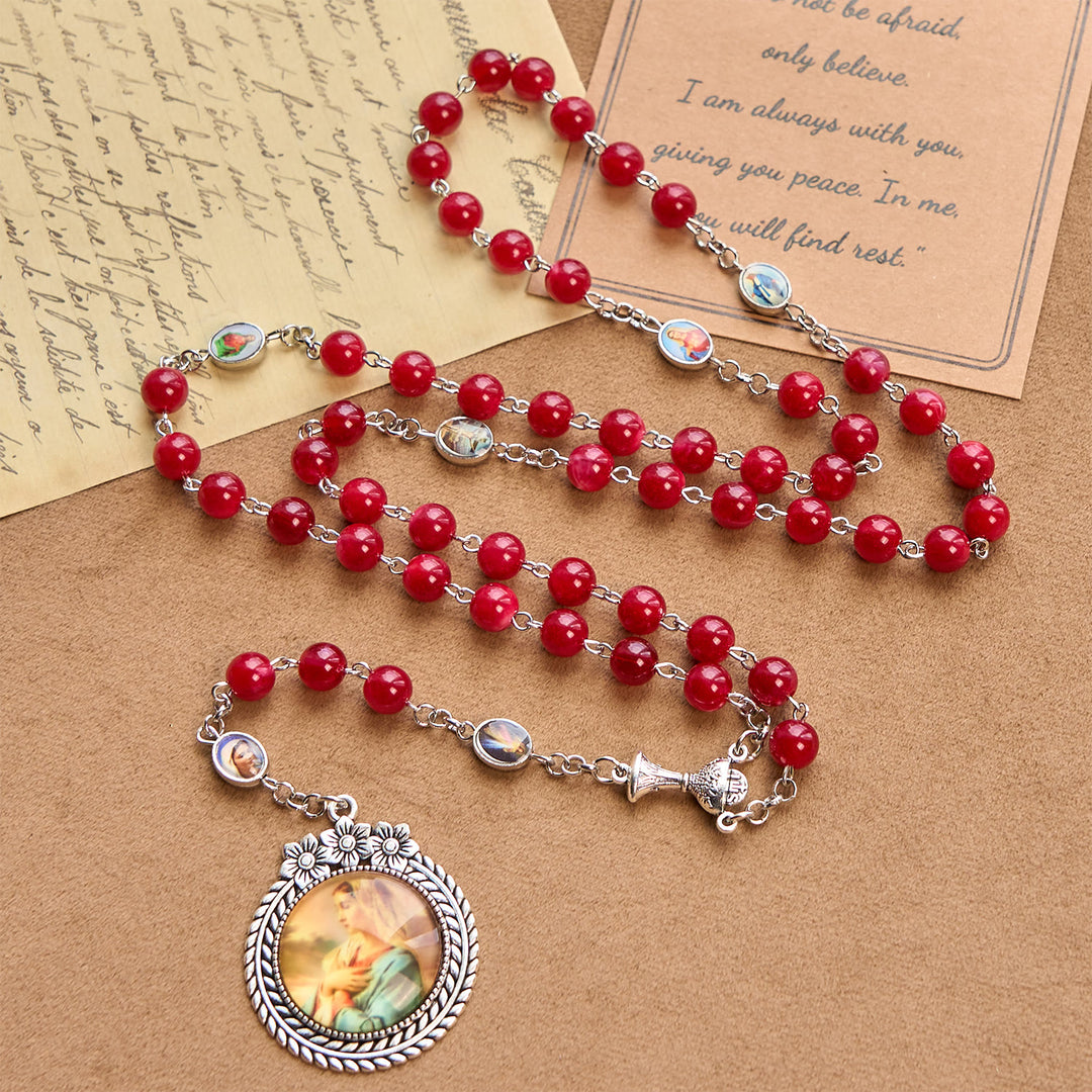 Christianartworkshop Elegant Burgundy 8mm Round Beads Rosary with Flower Carved Our Lady Medal & Holy Grail