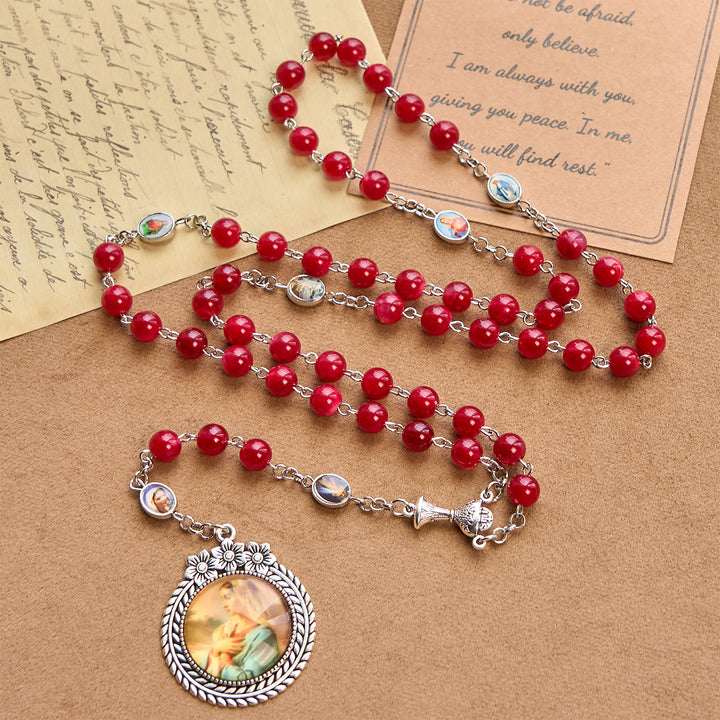 Christianartworkshop Elegant Burgundy 8mm Round Beads Rosary with Flower Carved Our Lady Medal & Holy Grail