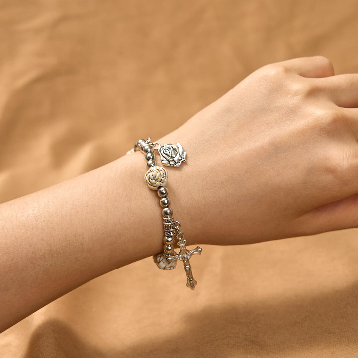 Christianartworkshop Artistically Sculpted 10mm White Rose Bead Rosary Bracelet with Crucifix