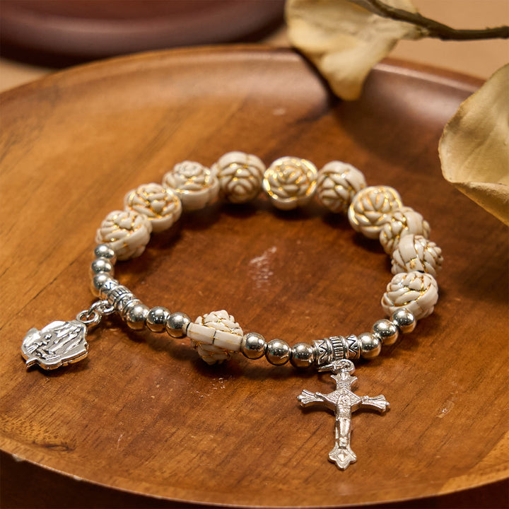 Christianartworkshop Artistically Sculpted 10mm White Rose Bead Rosary Bracelet with Crucifix