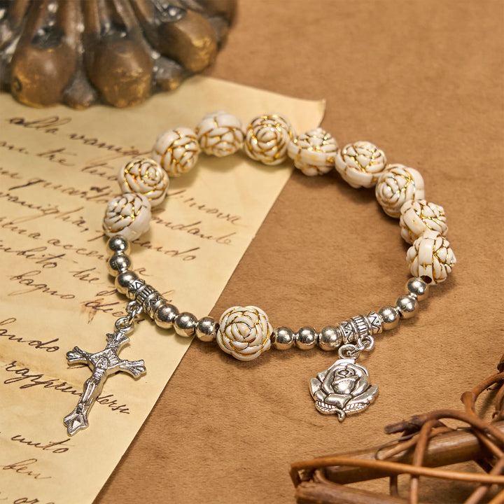 Christianartworkshop Artistically Sculpted 10mm White Rose Bead Rosary Bracelet with Crucifix