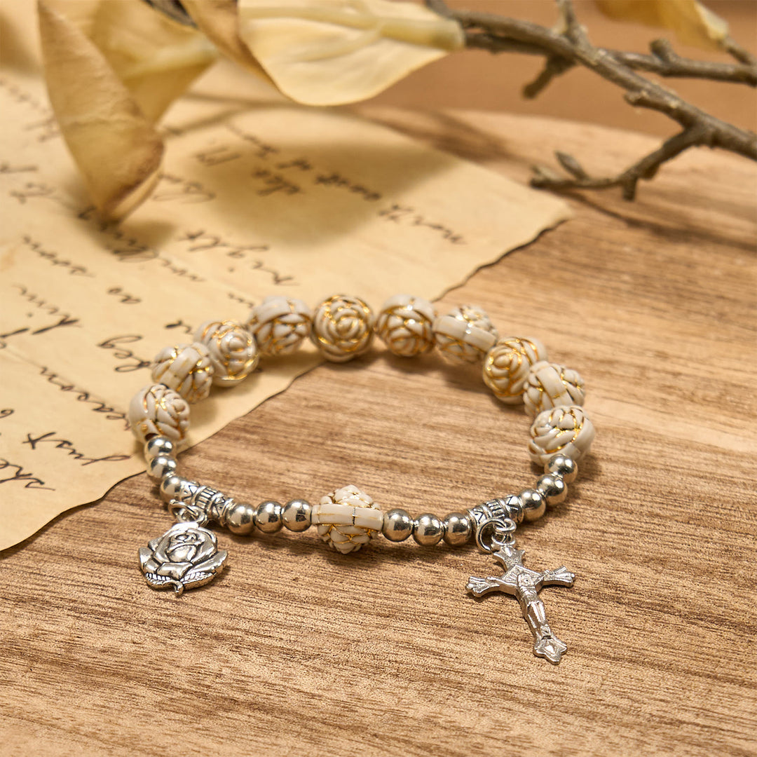 Christianartworkshop Artistically Sculpted 10mm White Rose Bead Rosary Bracelet with Crucifix