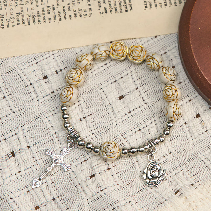 Christianartworkshop Artistically Sculpted 10mm White Rose Bead Rosary Bracelet with Crucifix