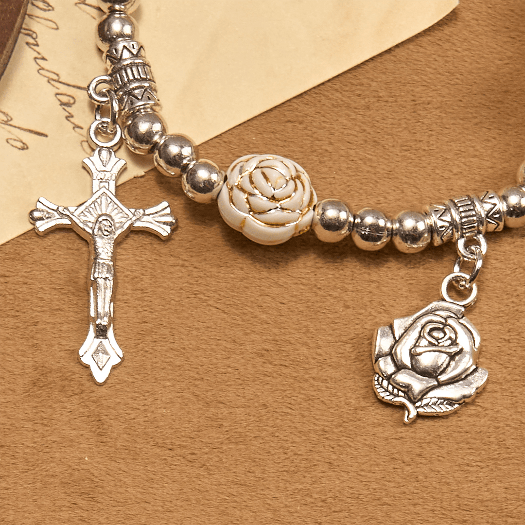 Christianartworkshop Artistically Sculpted 10mm White Rose Bead Rosary Bracelet with Crucifix