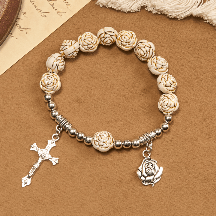 Christianartworkshop Artistically Sculpted 10mm White Rose Bead Rosary Bracelet with Crucifix