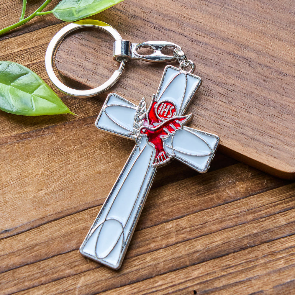 Christianartworkshop IHS Holy Spirit Dove Cross Keychain: Two Color Styles, Peaceful Enamel Art - White Cross - image 1