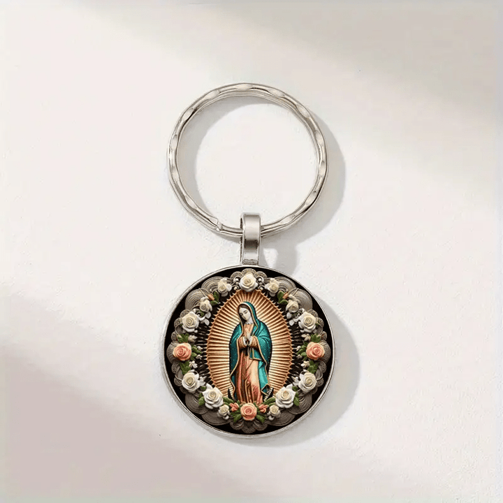 Christianartworkshop Elegant Virgin Mary Pendant Keychain: Medal of Faith and Floral Beauty - image 3