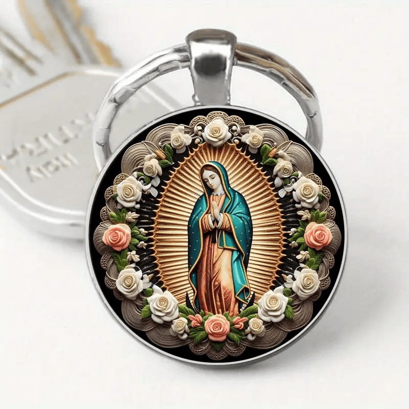 Christianartworkshop Elegant Virgin Mary Pendant Keychain: Medal of Faith and Floral Beauty - Our Lady - image 0
