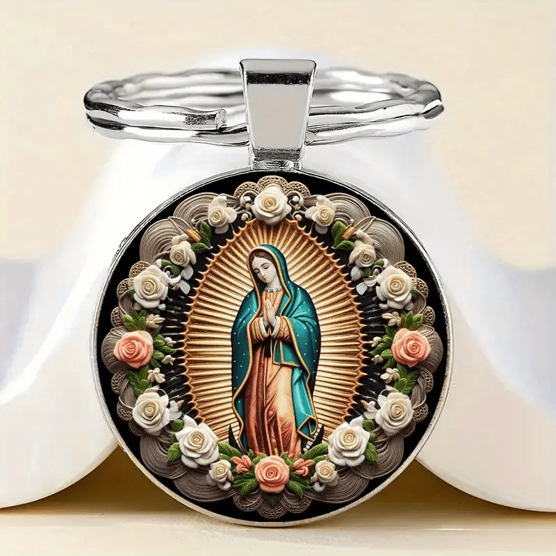 Christianartworkshop Elegant Virgin Mary Pendant Keychain: Medal of Faith and Floral Beauty - image 1