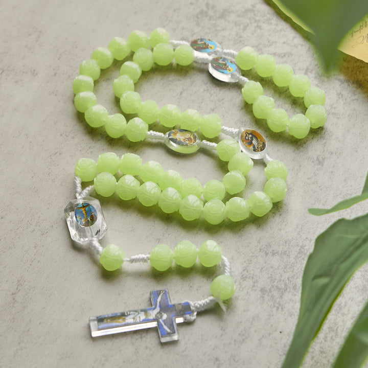 Christianartworkshop Glow-in-the-Dark Green Beads Rosary with Vibrant Holy Virgin Saint Pendant & Crucifix