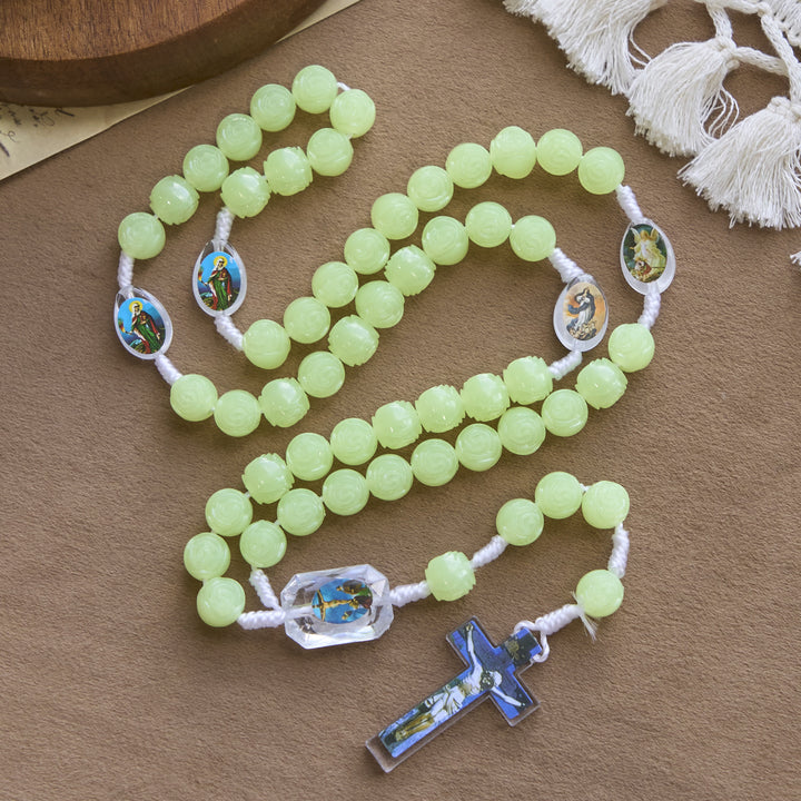 Christianartworkshop Glow-in-the-Dark Green Beads Rosary with Vibrant Holy Virgin Saint Pendant & Crucifix