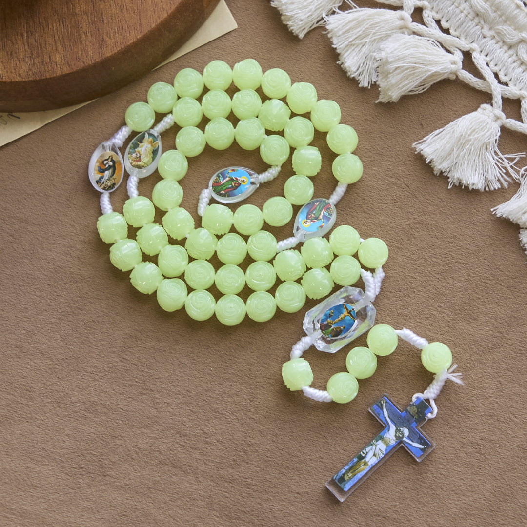 Christianartworkshop Glow-in-the-Dark Green Beads Rosary with Vibrant Holy Virgin Saint Pendant & Crucifix
