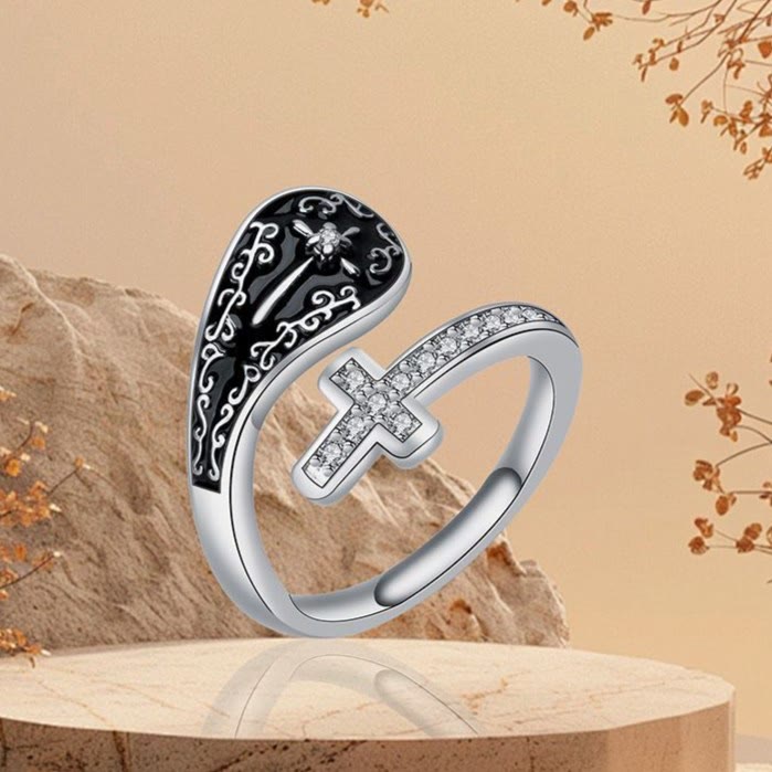 Christianartworkshop Classic Adjustable Artisan Faith Cross Ring with Baroque Patterns and Black Inlay