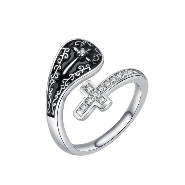 Christianartworkshop Classic Adjustable Artisan Faith Cross Ring with Baroque Patterns and Black Inlay